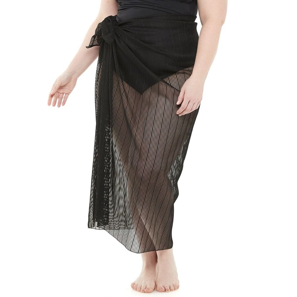 Women's Beach Scene Plus Size Sheer Side-Tie Cover-Up Sarong Black
